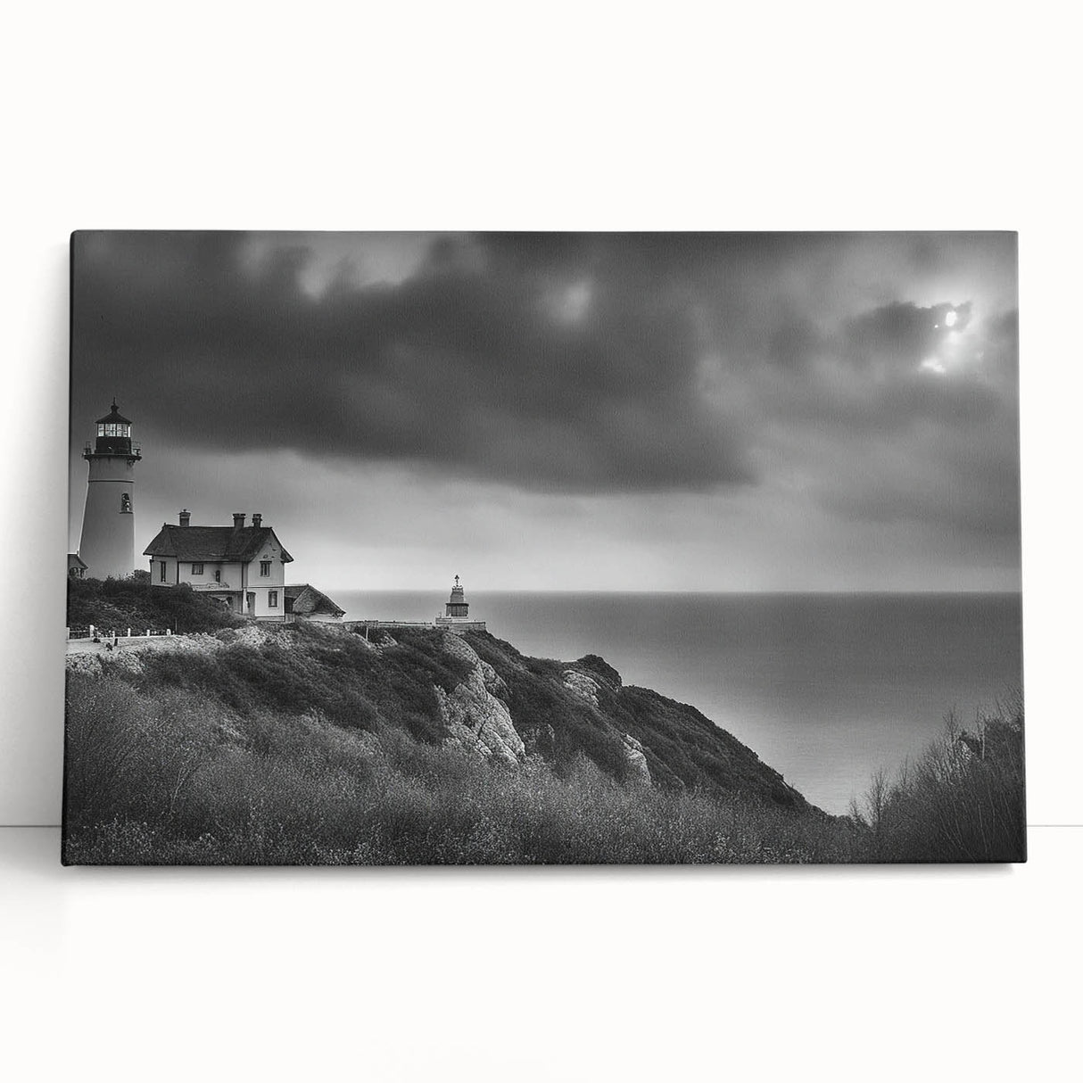 Stretched canvas wall art showcasing a serene lighthouse design against a vibrant sunset backdrop, perfect for coastal home decor. The piece enhances any room with its calming colors and nautical theme.