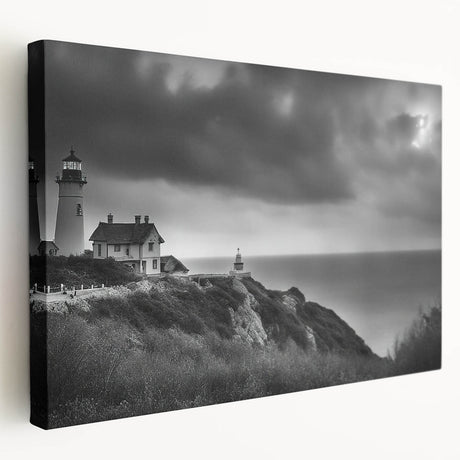 Stretched canvas wall art showcasing a majestic lighthouse design against a vibrant sunset backdrop, ideal for coastal-themed decor. Perfect for home or office.