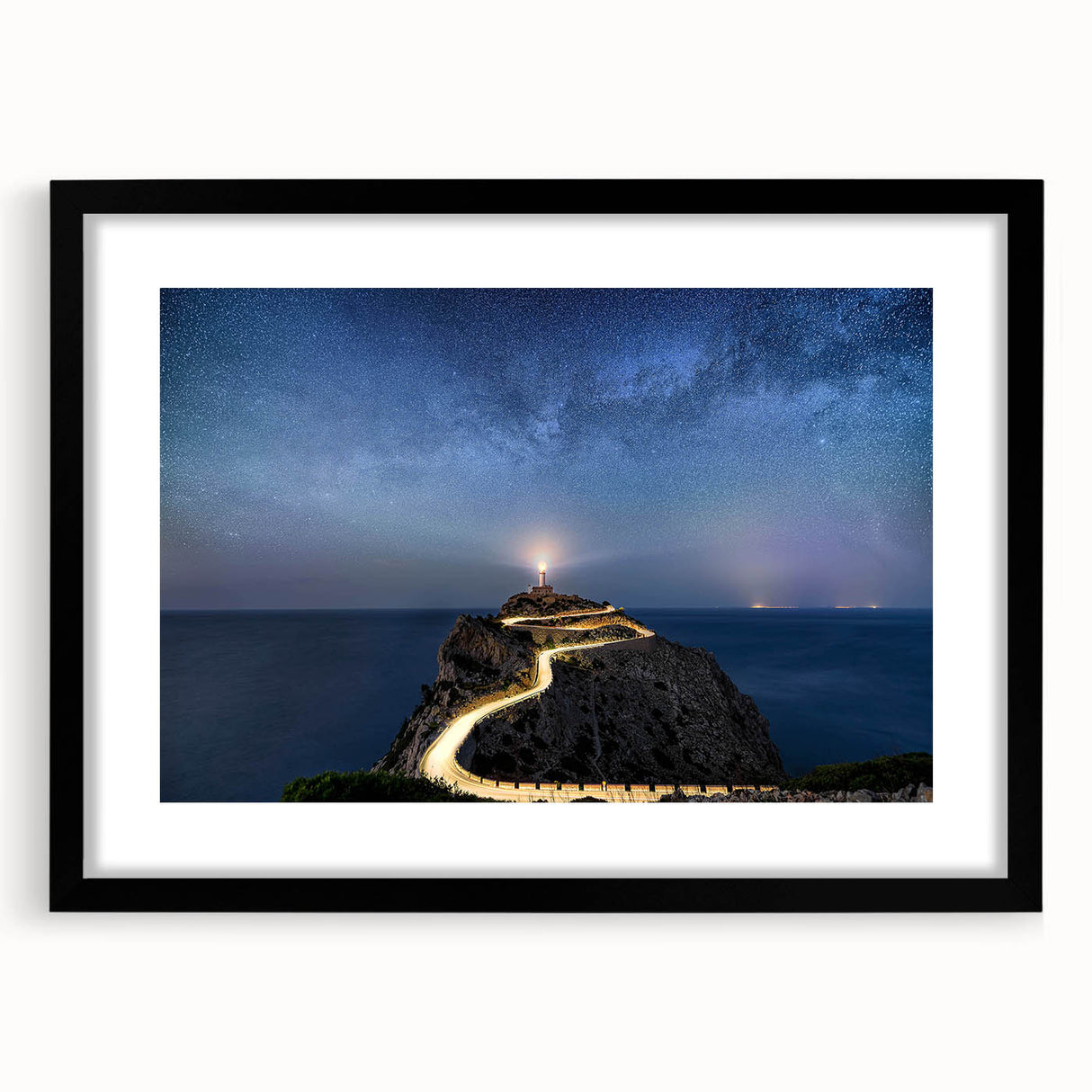 Framed wall art collection featuring a serene lighthouse landscape design with a black matte finish, perfect for home decor and coastal aesthetics.