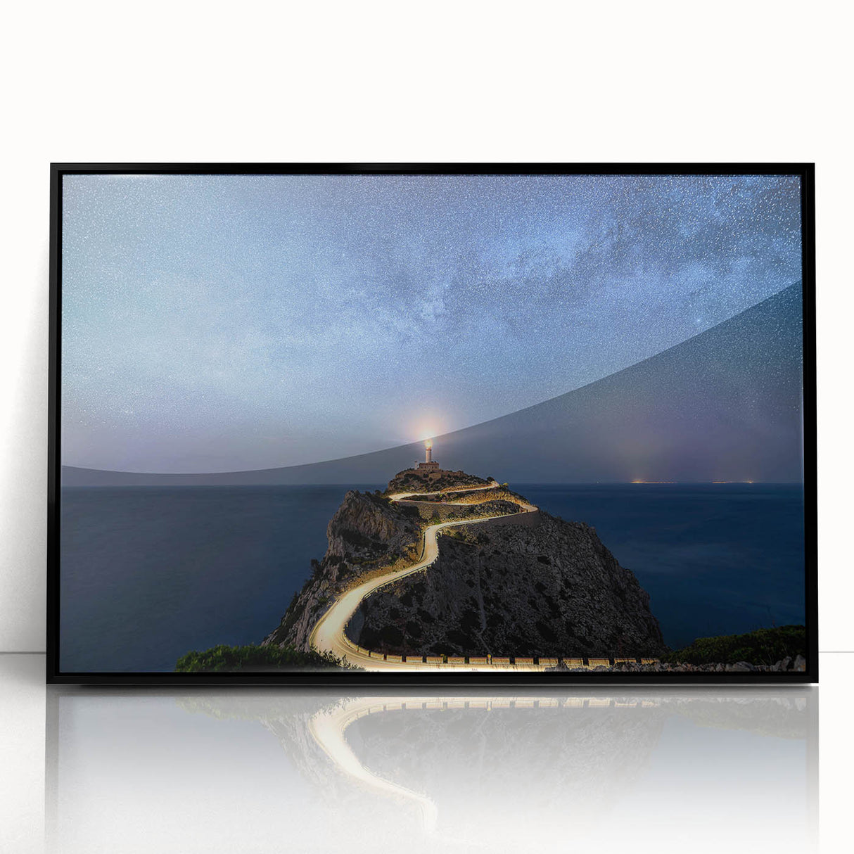 Framed wall art collection showcasing a serene lighthouse landscape design with a black frame and acrylic front, perfect for coastal-themed decor.