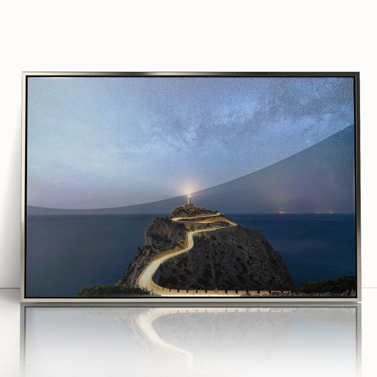Framed wall art collection showcasing a serene lighthouse landscape design, featuring silver accents and an acrylic front, perfect for coastal-themed decor.
