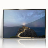 Framed wall art collection showcasing a serene lighthouse landscape design, featuring silver accents and an acrylic front, perfect for coastal-themed decor.