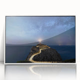 Framed acrylic wall art featuring a serene lighthouse design set against a vibrant sunset sky, perfect for coastal-themed decor, enhancing any living space with its calming colors and seaside charm.