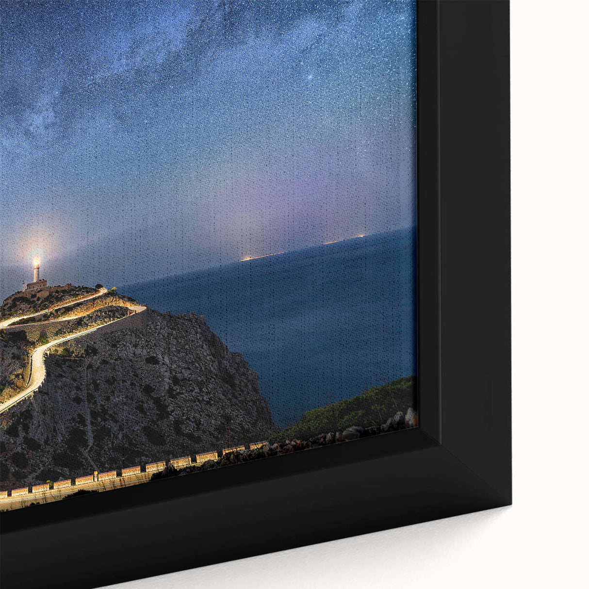 Framed canvas wall art showcasing a serene lighthouse landscape design with vibrant colors and intricate details, ideal for coastal-themed decor.
