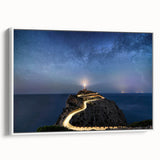 Framed canvas wall art depicting a serene lighthouse landscape with a white frame, showcasing vibrant colors and intricate details, perfect for coastal decor.