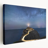 Stretched canvas wall art featuring a serene lighthouse landscape, showcasing vibrant colors and intricate details, perfect for coastal-themed decor.