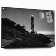 Side view of a contemporary wall art piece showcasing a lighthouse design, printed on acrylic glass with vibrant colors and stylish pins for easy display, perfect for coastal decor enthusiasts.