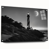 Side view of a contemporary wall art piece showcasing a lighthouse design, printed on acrylic glass with vibrant colors and stylish pins for easy display, perfect for coastal decor enthusiasts.