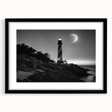 Framed wall art showcasing a serene lighthouse landscape, featuring a black frame and mat, perfect for coastal-themed decor. Ideal for home or office styling.