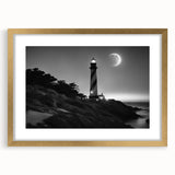 Framed wall art featuring a stunning lighthouse landscape design with a gold mat, perfect for home decor. Ideal for coastal-themed interiors, this piece adds elegance and warmth to any room.