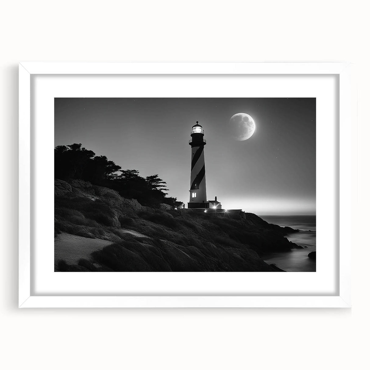 Framed wall art showcasing a serene lighthouse landscape design with a white mat, ideal for coastal-themed decor. Perfect for adding a calming touch to any room.