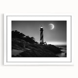 Framed wall art showcasing a serene lighthouse landscape design with a white mat, ideal for coastal-themed decor. Perfect for adding a calming touch to any room.
