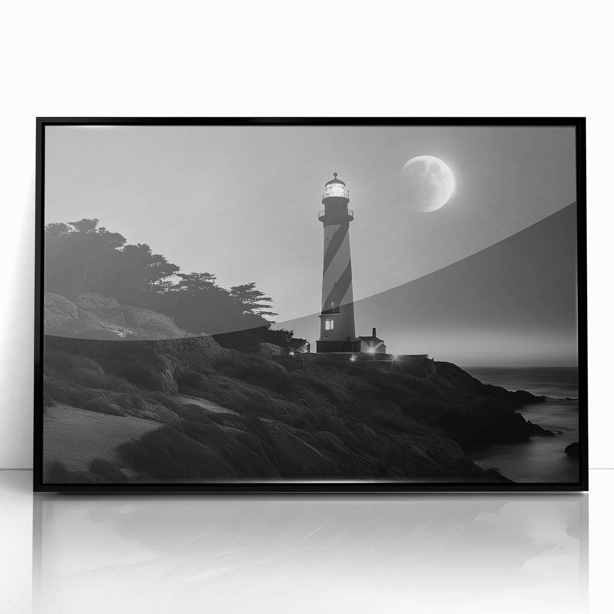Framed wall art showcasing a coastal lighthouse design against a vibrant sunset, featuring a sleek black frame and acrylic front for a modern aesthetic. Ideal for enhancing home decor with a serene nautical theme.