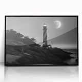 Framed wall art showcasing a coastal lighthouse design against a vibrant sunset, featuring a sleek black frame and acrylic front for a modern aesthetic. Ideal for enhancing home decor with a serene nautical theme.