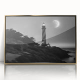 Framed wall art featuring a coastal landscape design with a lighthouse, showcasing vibrant colors and intricate details, perfect for nautical-themed decor.