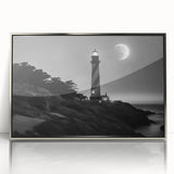 Framed acrylic wall art featuring a serene lighthouse landscape design with silver accents, perfect for coastal-themed decor and enhancing living spaces.