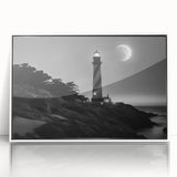 Framed acrylic wall art showcasing a serene lighthouse landscape against a vibrant sunset, perfect for coastal home decor. White frame enhances the artwork.