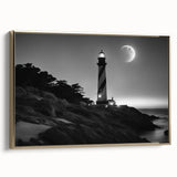 Framed canvas wall art showcasing a coastal lighthouse design with vibrant colors, accented by a gold frame, ideal for enhancing modern home decor.