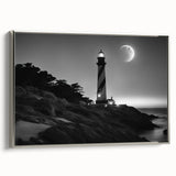 Framed canvas wall art featuring a serene lighthouse landscape design, showcasing silver accents and a side view perspective, perfect for coastal decor enthusiasts.