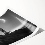 Rolled print showcasing a serene coastal landscape featuring a white lighthouse surrounded by vibrant green cliffs and a blue sky, ideal for nautical-themed decor.