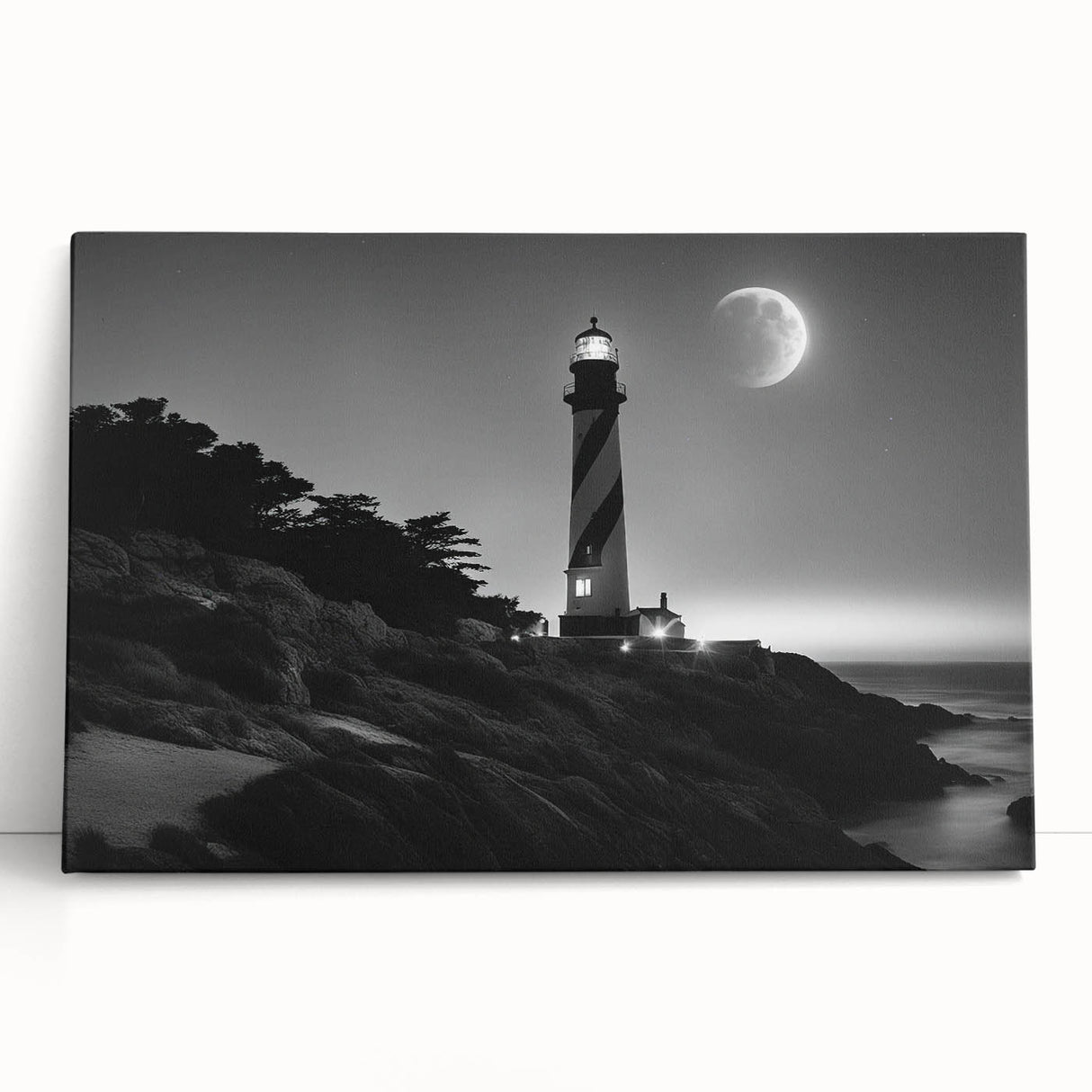 Stretched canvas wall art featuring a serene lighthouse landscape design, vibrant colors, and detailed textures, perfect for coastal-themed decor.
