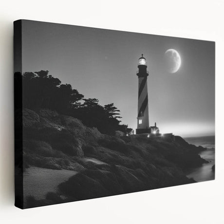 Stretched canvas wall art showcasing a serene lighthouse landscape with vibrant colors, perfect for coastal-themed decor. Ideal for enhancing living spaces or offices.