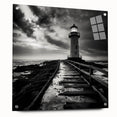 Acrylic glass wall art showcasing a coastal lighthouse design from the Landscapes collection, viewed from the side with decorative pins, perfect for nautical-themed decor.