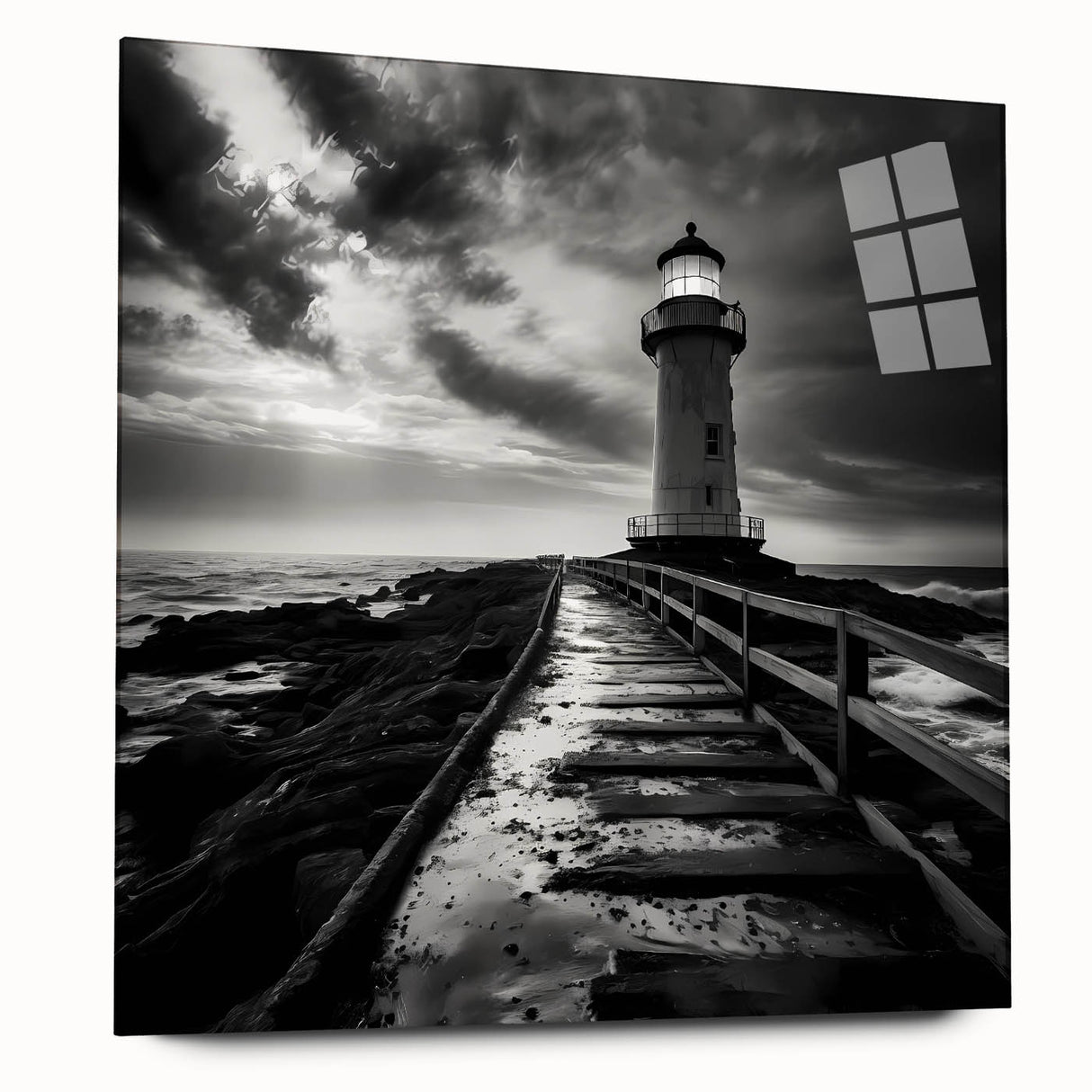 Acrylic glass wall art showcasing a serene lighthouse landscape design, featuring vibrant colors and intricate details, perfect for coastal-themed decor.