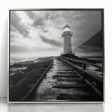 Framed wall art featuring a coastal lighthouse design in silver acrylic, showcasing vibrant colors and intricate details, perfect for home decor enhancement.