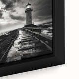 Close-up of a framed canvas wall art featuring a vibrant lighthouse design, showcasing intricate details and rich colors, ideal for coastal-themed decor.
