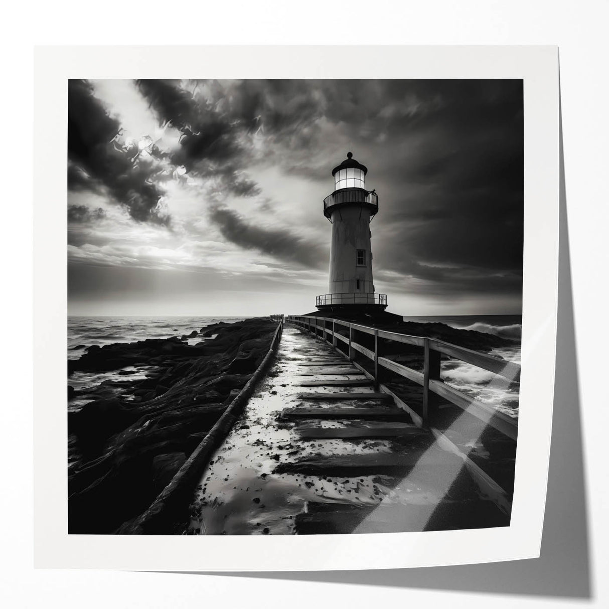 Vibrant rolled print of a coastal lighthouse scene, showcasing a striking sunset sky in shades of orange and pink, perfect for enhancing any home decor.
