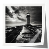 Vibrant rolled print of a coastal lighthouse scene, showcasing a striking sunset sky in shades of orange and pink, perfect for enhancing any home decor.