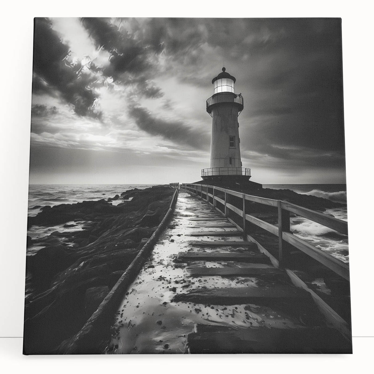 Stretched canvas wall art depicting a serene coastal landscape featuring a lighthouse, vibrant sky, and gentle waves, perfect for home decor.