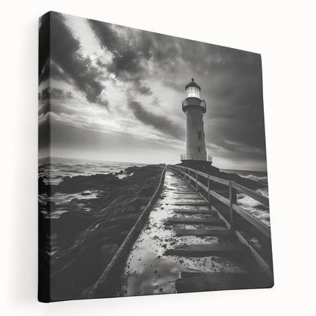 Stretched canvas artwork featuring a serene lighthouse landscape design with vibrant blues and greens, ideal for coastal-themed decor. Perfect for adding a tranquil ambiance to any room.