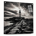 Side view of a lighthouse wall art collection, designed with acrylic glass and featuring vibrant colors, pinned for display. Ideal for coastal-themed decor.