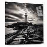 Side view of a lighthouse wall art collection, designed with acrylic glass and featuring vibrant colors, pinned for display. Ideal for coastal-themed decor.