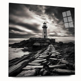 Acrylic glass wall art featuring a scenic lighthouse landscape design in vibrant colors, showcasing a serene coastal view with waves crashing against rocks, perfect for home decor.