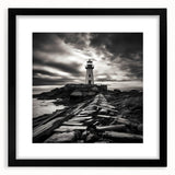 Black-framed wall art featuring a scenic lighthouse design on a vibrant landscape background, perfect for coastal-themed decor, enhancing any living space.