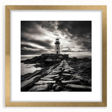 Elegant gold-framed wall art featuring a serene lighthouse landscape design, ideal for coastal decor. This piece enhances any room with its calming colors and intricate details. Perfect for creating a tranquil atmosphere in living spaces or offices.