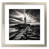 Framed wall art featuring a serene lighthouse landscape design with a silver mat, perfect for coastal-themed decor. Ideal for enhancing living spaces with nautical charm.