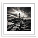 Framed wall art depicting a serene coastal lighthouse scene, featuring vibrant colors against a white mat, perfect for enhancing home decor with a nautical theme.