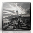 Framed wall art featuring a coastal lighthouse design, with vibrant colors and intricate details, set against a sleek black frame, perfect for home decor.