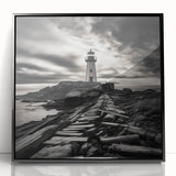 Framed wall art featuring a coastal lighthouse design, with vibrant colors and intricate details, set against a sleek black frame, perfect for home decor.