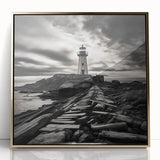 Framed acrylic wall art showcasing a golden lighthouse design against a serene landscape, perfect for adding elegance to modern home decor.