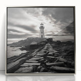 Framed wall art featuring a serene coastal landscape with a lighthouse, surrounded by vibrant blue skies and gentle waves, perfect for nautical decor enthusiasts.