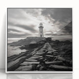 Framed wall art featuring a serene coastal landscape with a lighthouse, presented in a white frame and acrylic front, perfect for home decor and nautical themes.