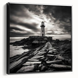 Framed canvas wall art showcasing a scenic lighthouse design with a black frame, ideal for coastal-themed decor. The artwork captures vibrant colors and intricate details, enhancing any living space with its nautical charm.