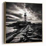 Framed wall art featuring a serene lighthouse design in silver and gold tones, set against a tranquil landscape, perfect for enhancing home decor.