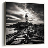 Framed canvas wall art featuring a serene lighthouse design against a tranquil seascape, with a silver frame enhancing the coastal aesthetic and inviting ambiance.