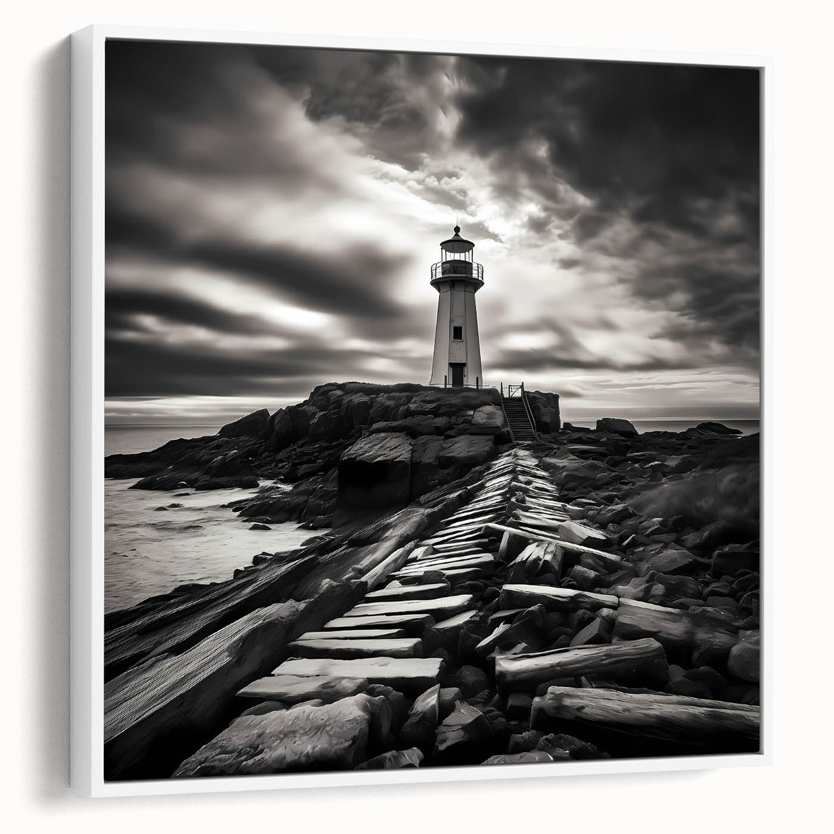 Framed canvas wall art showcasing a coastal lighthouse design, featuring soft white and blue hues, ideal for beach-themed home decor.